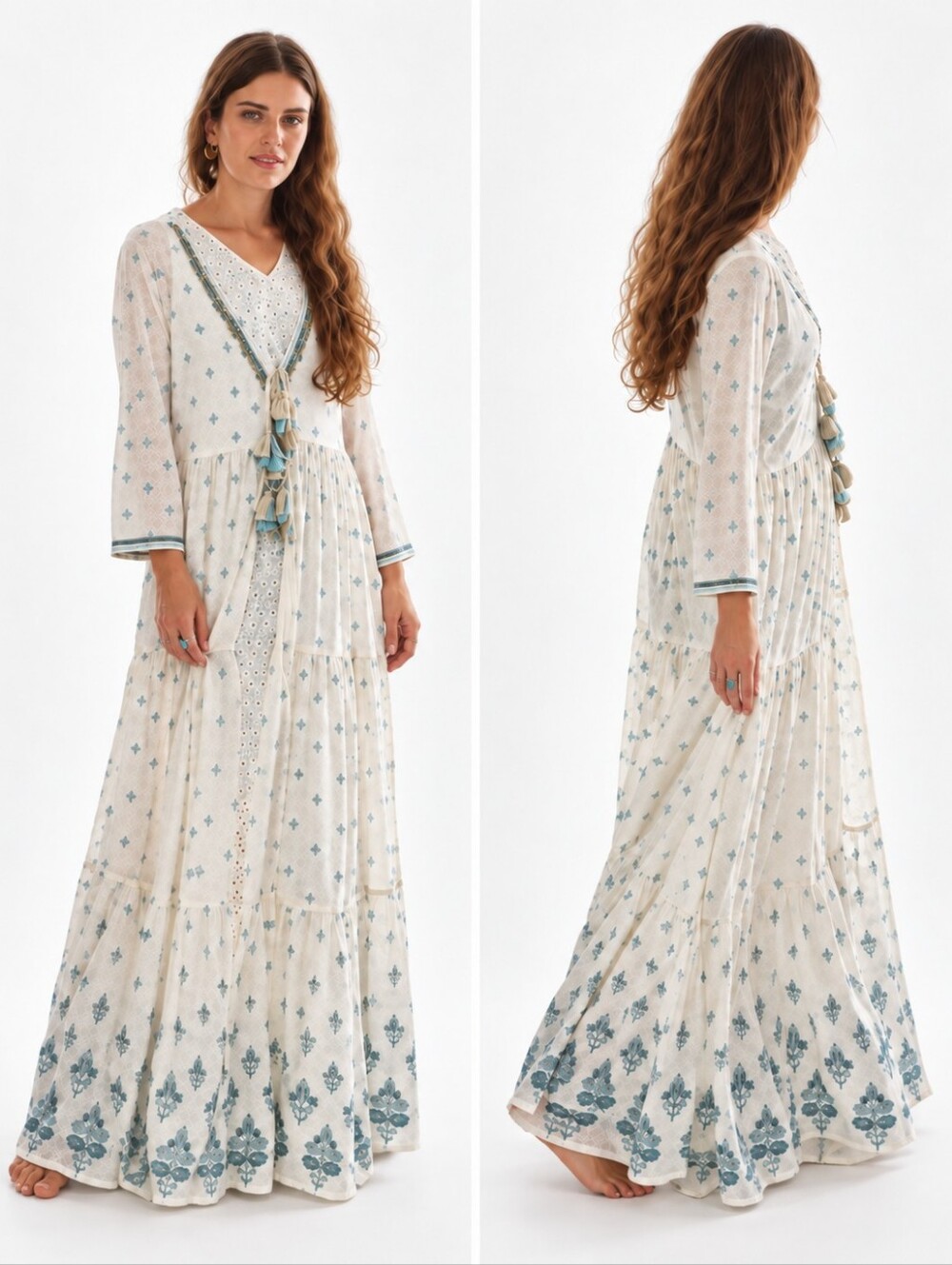 Boho White Blue Printed Maxi Dress Tassel Tie Tiered Long Sleeve